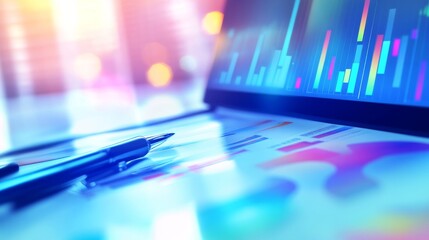 Close-up of a laptop screen displaying colorful data charts, alongside a pen, symbolizing analysis and digital technology.