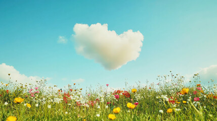Fototapeta premium A heart-shaped cloud drifts above a vibrant flower field under a clear blue spring sky