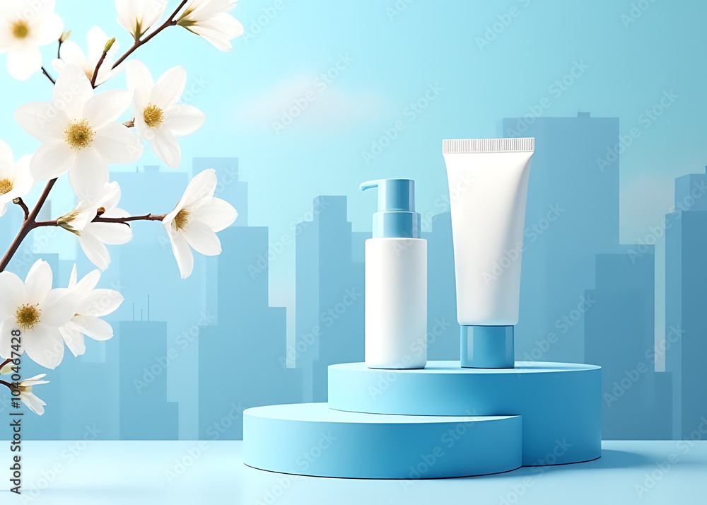 Aufkleber cosmetic product display features a blue podium and exterior building against a spring sky backgroun