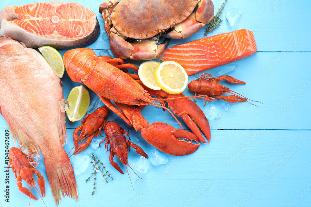 Wall mural Different sea food on light blue wooden table, flat lay