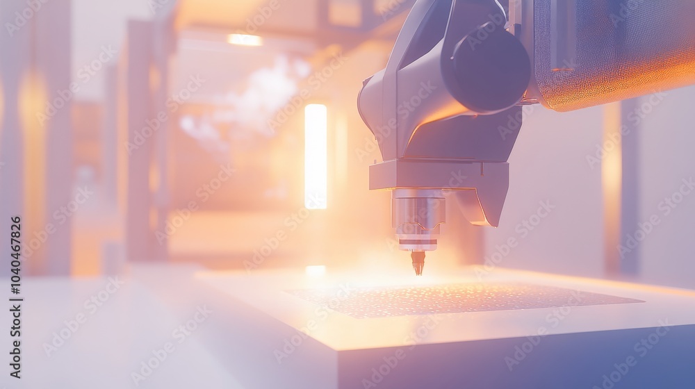 Poster close-up view of a robotic arm performing precision work in a modern manufacturing environment. tech
