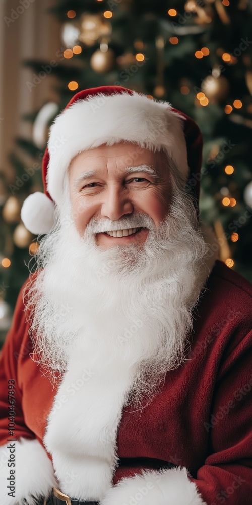 Poster a man in a red santa hat and beard is smiling and posing for a picture. the image has a festive and 
