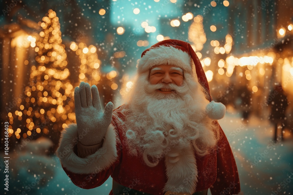 Poster a smiling santa claus waving to the camera in front of a christmas tree. the scene is set in a snowy