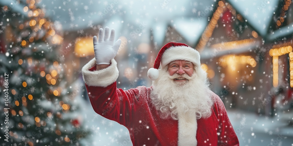 Poster a smiling santa claus waves to the camera in front of a christmas tree. the scene is set in a snowy 