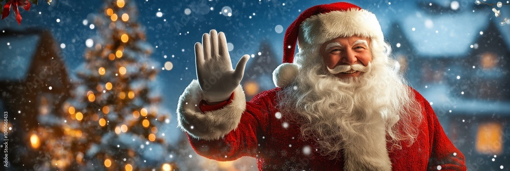 Poster a smiling santa claus waving to the camera in front of a christmas tree. the image conveys a festive