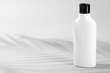 Bottle of shampoo on light background. Space for text