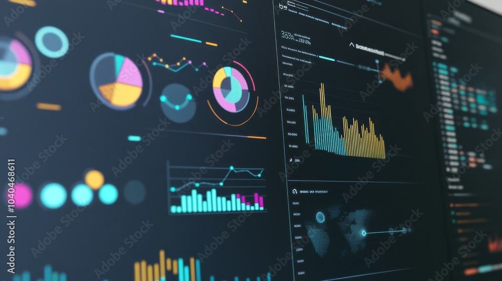 Poster colorful data visualization displays analytics, charts, and graphs on a digital screen. ideal for te