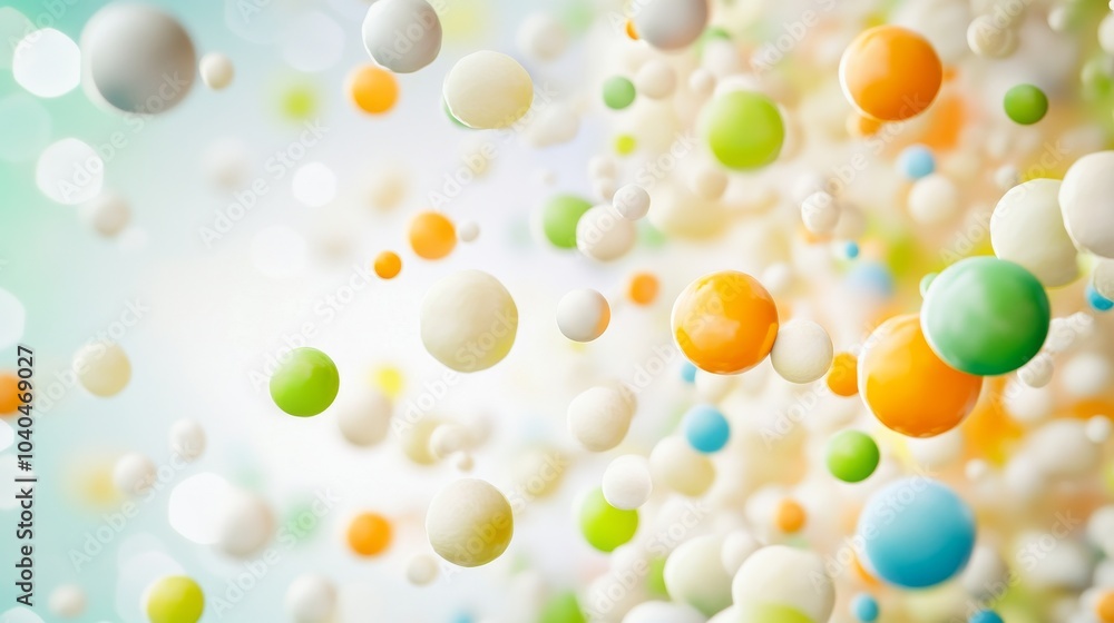 Poster colorful spheres floating in a soft light create an abstract, dreamy background perfect for various 