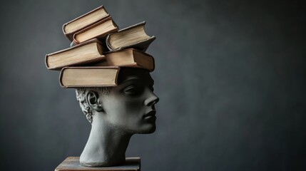A bust sculpture with books emerging from the top of the head, Intellectual scene, Artistic style