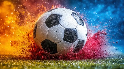 Naklejka premium Soccer Ball Exploding with Colorful Powder on Grass Field
