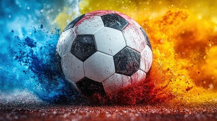 Fototapeta premium Soccer Ball Exploding with Colorful Powder on Grass Field