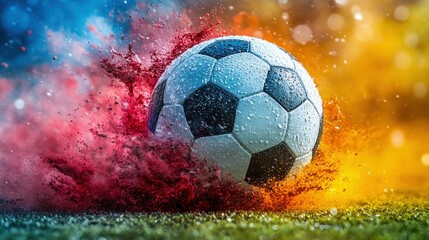Naklejka premium Soccer Ball Exploding with Colorful Powder on Grass Field