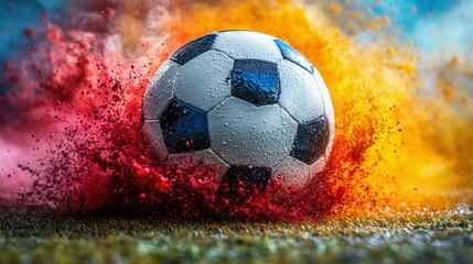 Fototapeta premium Soccer Ball Exploding with Colorful Powder on Grass Field