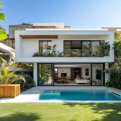 A modern house with white walls and black frames, heap roofing or line-to roofing