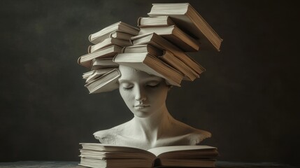 A bust with books emerging from the head, symbolizing intellectual growth and curiosity, Intellectual scene