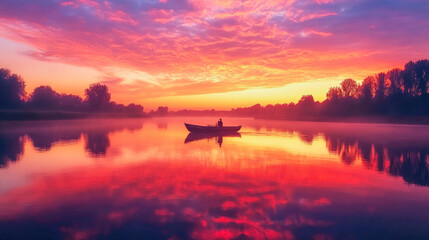 Fishermen in a boat at dawn with red and orange reflections in calm river waters
