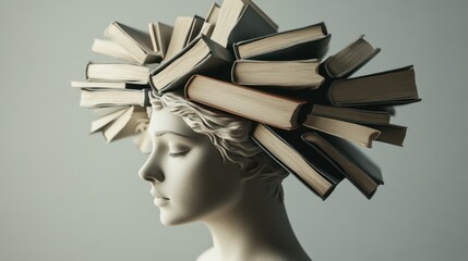 A bust with books emerging from the head, symbolizing intellectual growth and curiosity, Intellectual scene