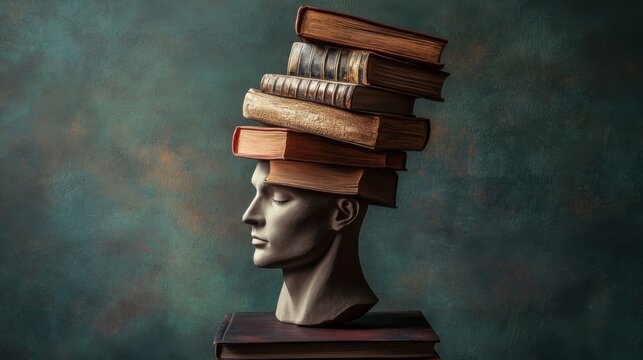 A bust with books emerging from the head, symbolizing intellectual growth and curiosity, Intellectual scene