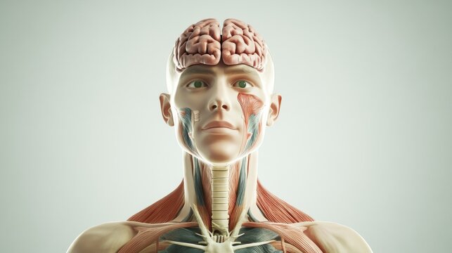 Detailed anatomical model showcasing human anatomy with visible muscles, brain, and facial features for educational purposes. - Powered by Adobe