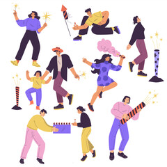 People Setting Off Fireworks and Watch Explosion Vector Set