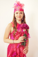 girl wearing vintage party costume retro 20s with flower