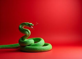 Elegant green snake poses against red backdrop featuring Chinese New Year themes and modern advertising elements.