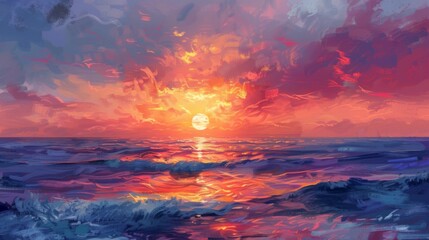Fototapeta premium A breathtaking sunset over the ocean, showcasing vibrant hues of orange, pink, and purple in the sky, with gentle waves reflecting the colorful light on the water surface.