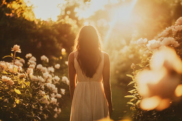 A woman stands gracefully in a blooming garden during the golden hour, surrounded by sunlight and flowers