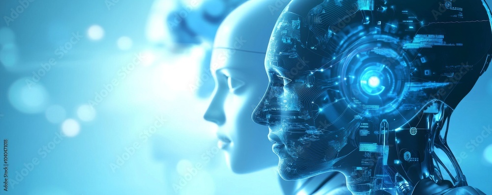 Poster futuristic close-up of humanoid robot heads with advanced technology and glowing elements in a blue 