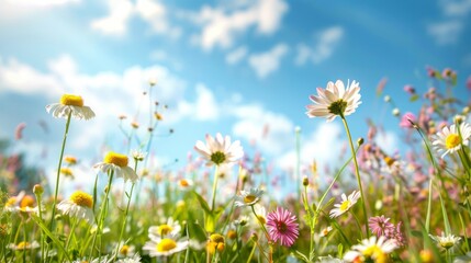 A colorful meadow with wildflowers blossoming under a bright blue sky, showcasing daisies and other blooms, expressing the essence of natural beauty and tranquility.