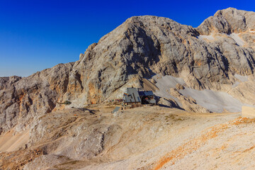 Slovenian military helicopter landing in the slovenian alps julian alps near triglav mountain hut...
