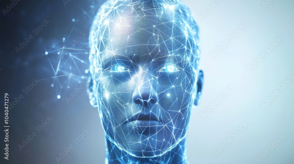 Poster futuristic digital face with neural network connections, representing the intersection of technology