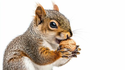 Squirrel Grasping a Nut on a White Background