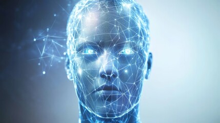 Futuristic digital face with neural network connections, representing the intersection of technology and humanity.