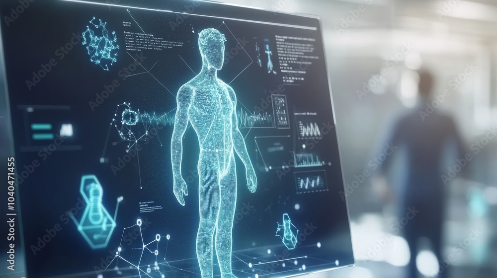 Poster futuristic display of human anatomy with holographic interface showcasing health data and metrics in