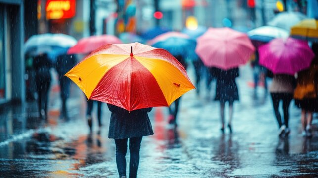 A bustling city street with people walking under colorful umbrellas during a rain shower, symbolizing urban life and seasonal changes, Rainy city scene