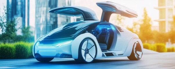 Futuristic electric car with stylish design and advanced technology showcased in an urban landscape during sunrise.