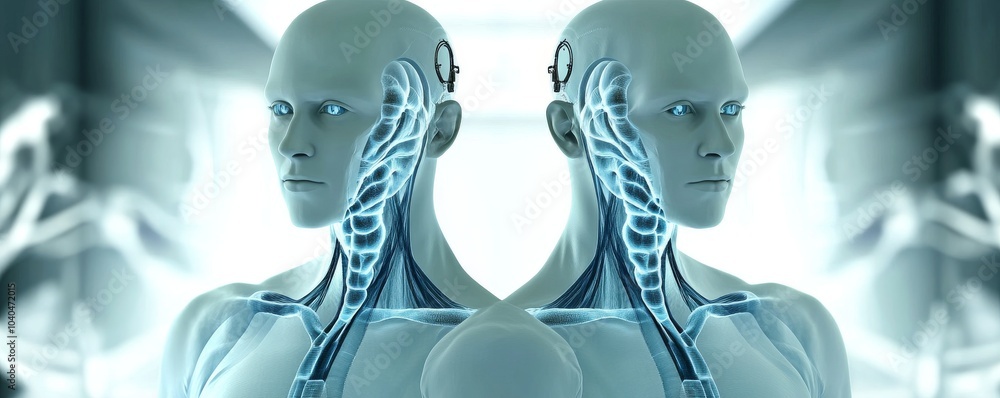 Poster futuristic humanoid robots with intricate designs showcase advancements in technology and artificial