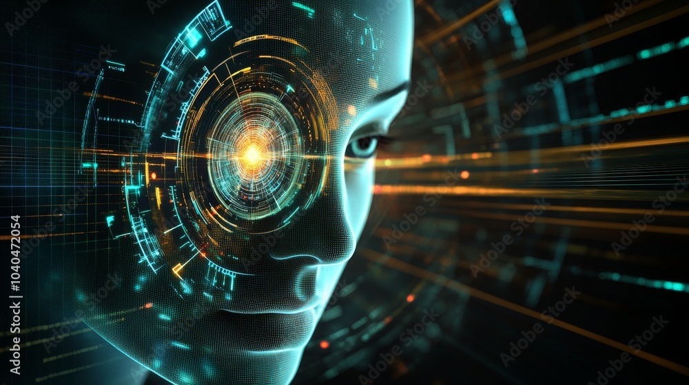 Poster futuristic illustration of a digital face with glowing circuits and technology elements, symbolizing