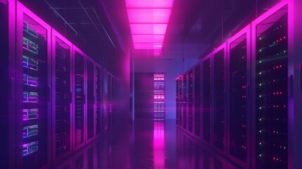 Fototapeta premium A high-tech data center illuminated by vivid pink lights, showcasing rows of servers. The image evokes modernity and technological advancement in a futuristic setting.