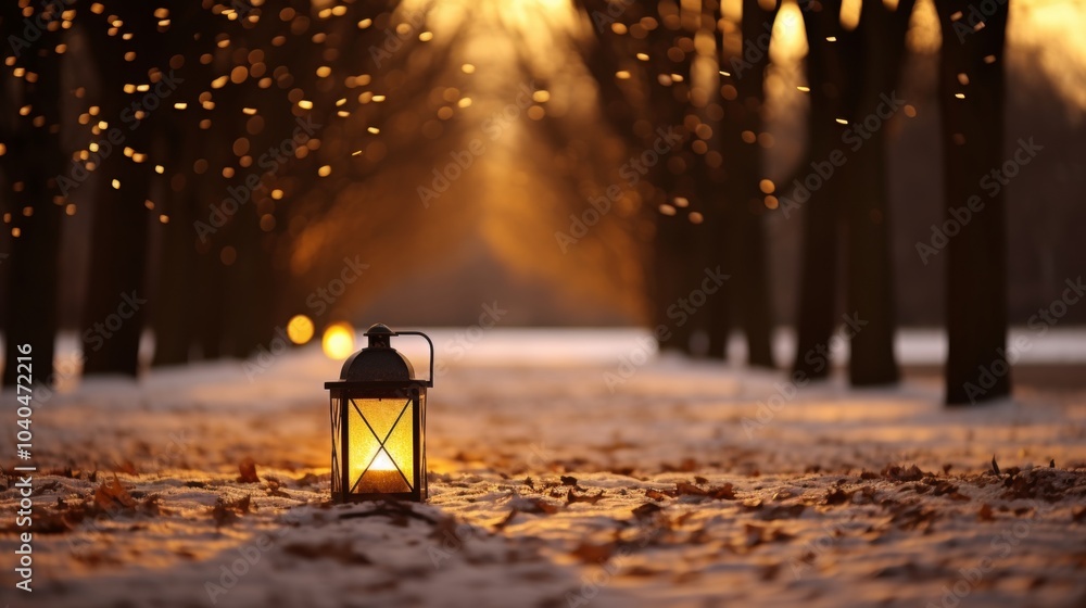 Poster enchanting evening with golden snowflakes illuminated by lanterns in a magical dark setting