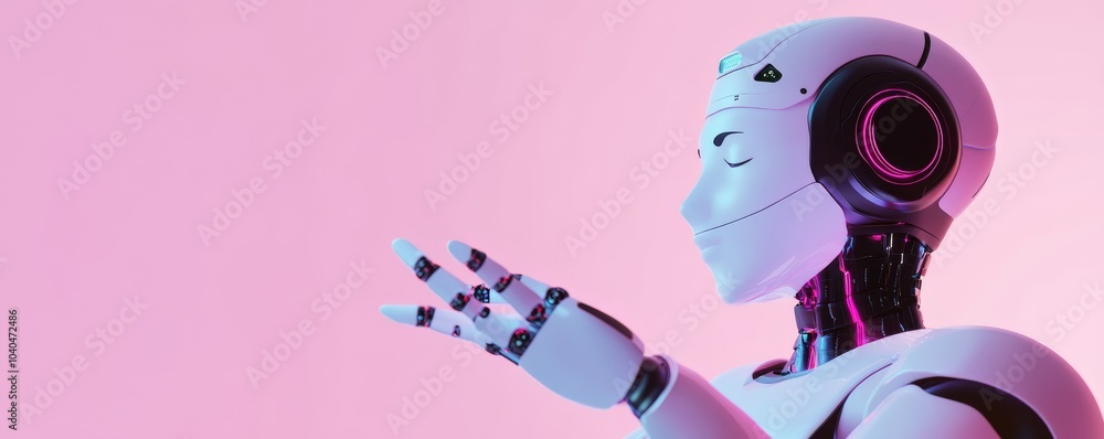 Poster futuristic robot design against a pink background, showcasing advanced technology and sleek features