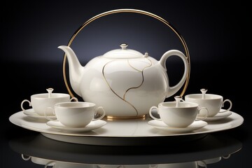 Minimalist design of an elegant teapot surrounded by cups emphasizing simplicity and style