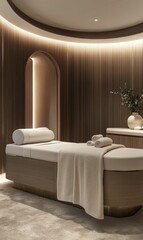 Modern spa room with plush massage table.