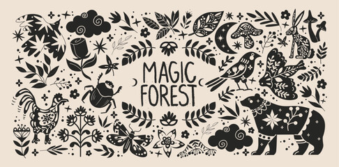 Abstract wood folk shapes with plants, animals, insects and forest elements. Ethnic folk stickers in scandinavian style. Boho animals silhouettes and floral patterns, doodle Scandinavian folk textile 
