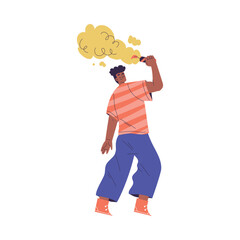 Young Man Character Setting Off Firework Vector Illustration