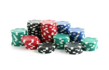 Poker game. Casino chips isolated on white