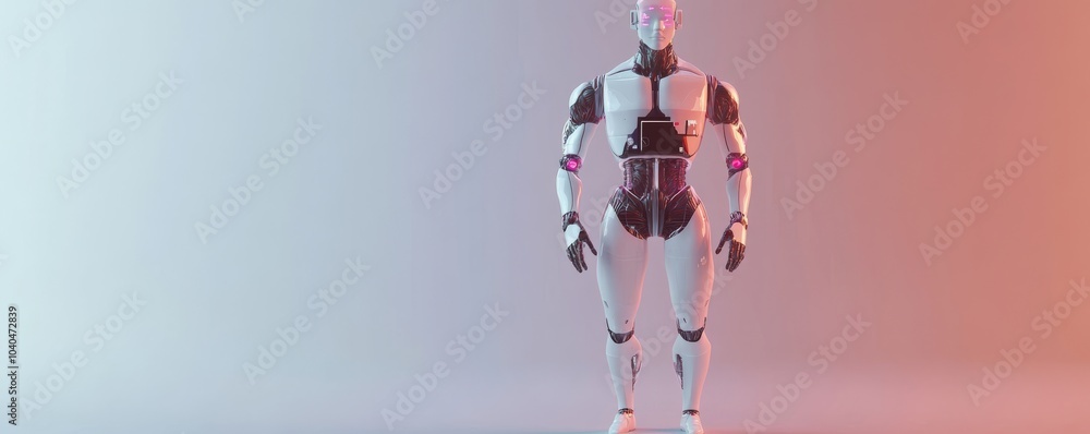 Poster futuristic robot standing against a gradient background, showcasing technology and innovation in a m