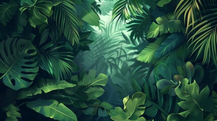 Fototapeta premium Captivating scene of vibrant green jungle leaves, creating an immersive feeling of standing amidst dense tropical foliage under a canopy of refreshing, lush vegetation.