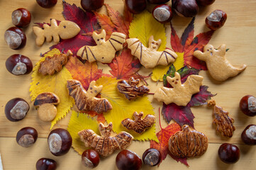 Decorated gingerbread cookies for Halloween celebration spread on table with colorful autumnal leaves and chestnut fruit